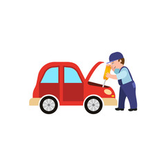 vector flat adult man mechanic in blue uniform holding screwdriver repairing engine in open hood. Male full lenght portrait caucasian isolated, illustration on a white background