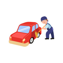 vector flat adult man mechanic in blue uniform holding broom in hands washing red car. Male full lenght portrait caucasian character isolated, illustration on a white background