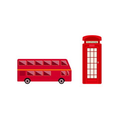 vector flat United kingdom, great britain symbols set. British red phone booth, double decker bus icon. Isolated illustration on a white background