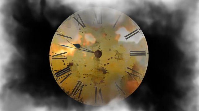 Fog of war. The hands of the clock are spinning fast against the background of the war