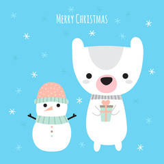 Merry Christmas. Cute Christmas greeting card. Cartoon snowman and funny bear. Winter holidays