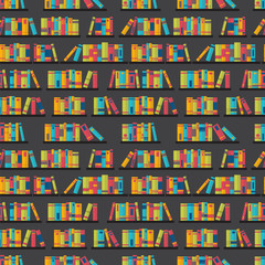 Seamless pattern with books on bookshelves. Flat design. Library, bookstore. Cute background