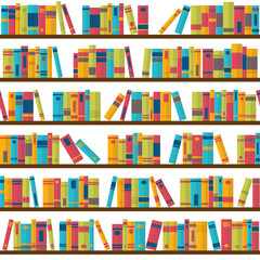 Seamless pattern with books on bookshelves. Library, bookstore. Flat design