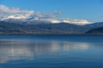 Amazing panoramic Landscape of Lake Pamvotida, Pindus mountain and city of Ioannina, Epirus, Greece