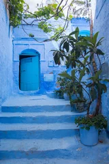 Traditioneller marokkanischer Innenhof in der Medina der blauen Stadt Chefchaouen in Marokko, architektonische Details in der blauen Stadt Chaouen. Typisch blaue Wände und bunte Blumentöpfe. © sefoma