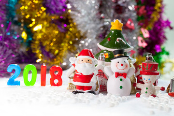 Christmas props decorations on christmas snow field background with copy space.Merry Christmas and happy new year concept.