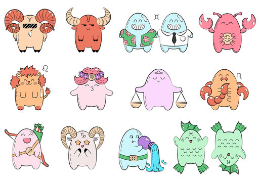 Zodiac icons. Collection of twelve icons of zodiac signs. Vector doodle illustration with cartoon comic characters. Funny animals, monsters. Signs and symbols. Patch, badge