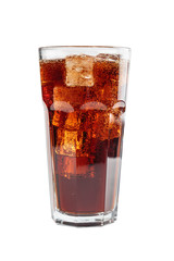 fizzy drink with ice in glass on white background