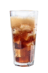 fizzy drink with ice in glass on white background