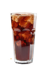 fizzy drink with ice in glass on white background