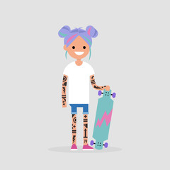 Young cute teenage girl wearing pastel color hairstyle. Tattoo and skate board. Youth culture. Trendy millennial. Flat editable vector illustration, clip art