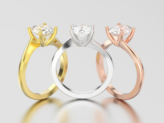 3D illustration three yellow, rose and white gold or silver  engagement illusion twisted rings with diamonds © 3djewelry