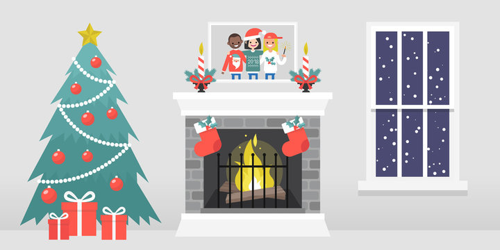 Christmas interior. Decorated fireplace. Candles. Family photo. Xmas tree. Window. Snowflakes. Winter seasonal decor. Flat vector illustration, clip art
