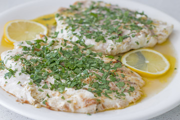 A plate with two fish fillets and two slices of lemon.