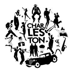 Obraz premium Ikony tańca Charleston. Samochody, podlotki, gangsterzy i tancerze z Charleston