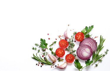 fresh vegetables and herbs on a white background - food background