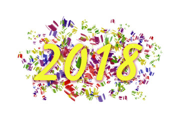 yellow inscription year 2018 on a background with colorful flying sticky notes on a white background