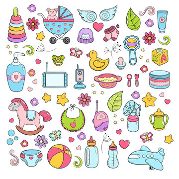 Background, texture, backdrop, pattern, wallpaper with children cartoon doodle toys. Educational games for kids illustration. Baby shower. Icons set. Newborn baby vector collection. baby care things