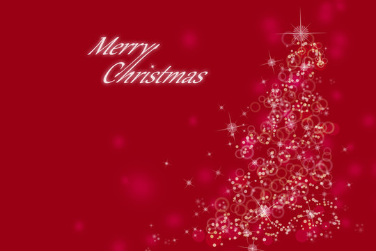 Christmas tree with flares, lights, snowflakes on a red background with the words Merry Christmas