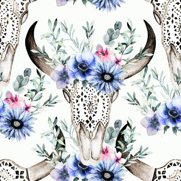 Watercolor bull's head with flowers and herbal seamless pattern. Hand drawn illustration. Ornamental skull on white background for wrapping, wallpaper, textile, prints