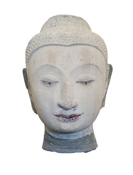 Ancient head of sandstone Buddha isolate on white background