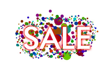 white inscription SALE with a red shadow on the background of a large number of colored circles of various sizes