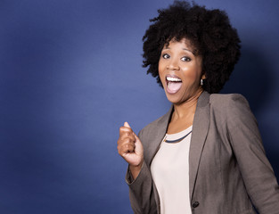 black casual woman on blue background