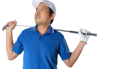Golf player holding a golf club on white background