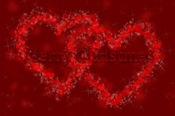 three-dimensional Merry Christmas lettering on the background of two hearts formed of small hearts and star bursts