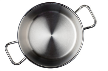 Stainless casserole, top view. Isolated on white.