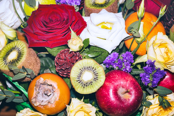 Original beautiful Bouquet of flowers and fruit