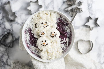 Winter Christmas Smoothie Bowl with Coconut and Snowman
