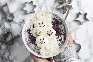 Winter Christmas Smoothie Bowl with Coconut and Snowman