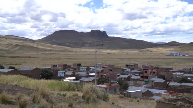 Desert city from hill. Mountains in background. Dry, arid high plains of Peru.