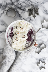 Winter Christmas Smoothie Bowl with Coconut and Snowman