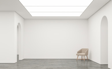 Empty white room modern space interior 3d rendering image.White room Many rooms are connected with arch shape door.There are poliished concrete floor,white wall - obrazy, fototapety, plakaty