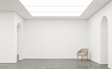 Fotobehang Empty white room modern space interior 3d rendering image.White room Many rooms are connected with arch shape door.There are poliished concrete floor,white wall © onzon