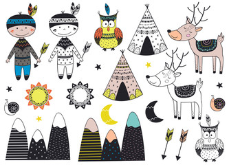 set of isolated tribal boy and animals in Scandinavian style  - vector illustration, eps