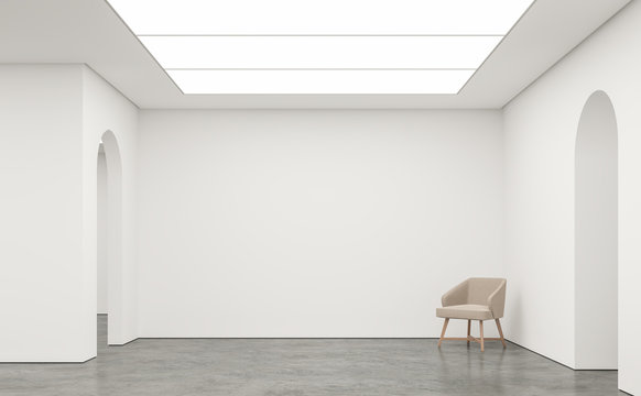 Empty white room modern space interior 3d rendering image.White room Many rooms are connected with arch shape door.There are poliished concrete floor,white wall