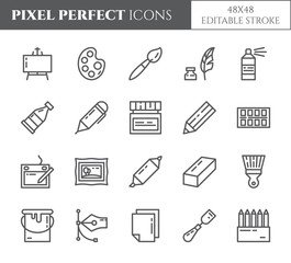Art supplies theme pixel perfect thin line icons. Set of elements of paintbrush, graphic tablet, canvas, palette, paints and other artist tools related pictograms. Vector. Editable stroke