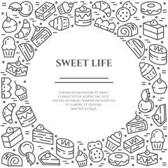 Cakes and cookies theme horizontal banner. Pictograms of pie, brownie, biscuit, tiramisu, roll and other dessert related elements Line out symbols Simple silhouette Editable stroke