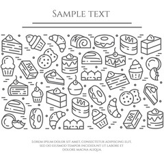 Cakes and cookies theme horizontal banner. Pictograms of pie, brownie, biscuit, tiramisu, roll and other dessert related elements Line out symbols Simple silhouette Editable stroke