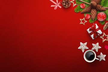 Red background with Christmas decoration on right side with coffee, gift box and cookies, free space for adding text, logo etc...