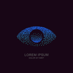 Human eye from molecule particles, vector tech logo, sign or emblem design element. Futuristic concept for biometric recognition, optical, CCTV, retina scan, security camera, cyber vision technology.
