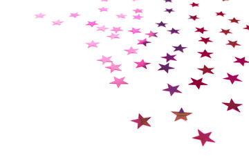 Colorful shiny stars on a white background, copy space