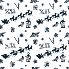 Seamless pattern with Christmas and New Year elements of animals and Santa. Vector illustrations. Seamless pattern with clocks, birds, snowflakes, lanter, Santa with reindeers.