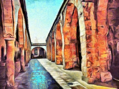 The architecture of ancient monastery, arches and corridors. Stock. Big size pictorial art. Watercolor and oil mixed painting style. Good for printing pictures, design postcard, posters and wallpaper