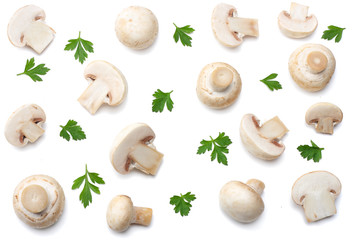mushrooms with parsley isolated on white background. top view
