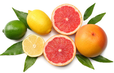 healthy food. mix lemon, green lime, orange and grapefruit with green leaf isolated on white background. top view with copy space