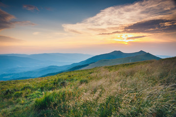Summer mountain landscape at sunrise with grass and blue sky